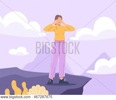 Fear Of Heights. Woman Stands Near Abyss And Closes Her Eyes. Phobia And Psychology, Mental Health. 