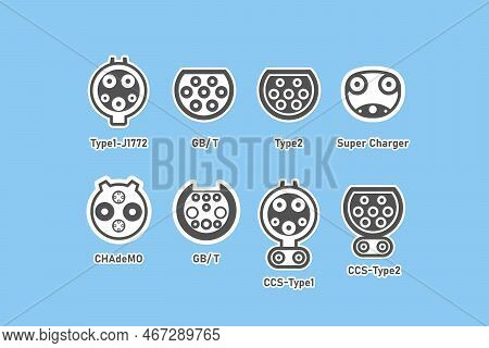 Type Of Ev Electric Vehicle Charger Plugs Or Sockets, Retro Sticker Design Illustration Concept On L