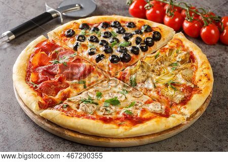 Pizza Four Seasons Arranged Into Four Sections, Each Representing A Different Season Closeup On The 
