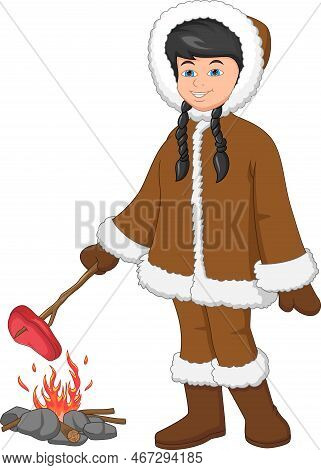 Cartoon Cute Eskimo Girl Grilling Meat On Fire