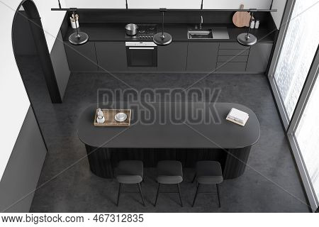Top View On Dark Kitchen Room Interior With White, Grey Wall, Concrete Floor, Island With Three Bars