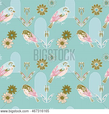 Bird Blossom Vector Repeat Pattern Print Background