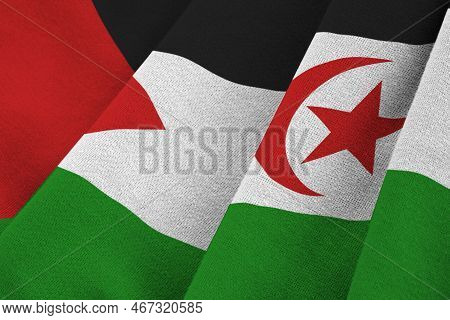 Western Sahara Flag With Big Folds Waving Close Up Under The Studio Light Indoors. The Official Symb