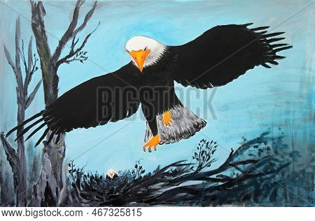 Oil Painting Of Bald Eagle Returning To Its Young In Treetop Nest