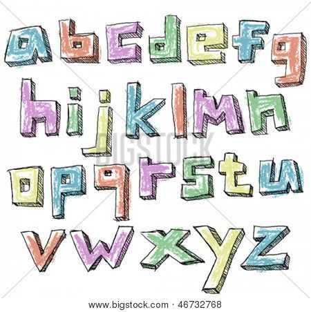Bunte skizzenhaften Hand gezeichneten Minuskel-alphabet