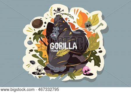 Wild Angry Gorilla In Jungles Vector Illustration. Angry Big Ape Flat Style Concept. Gorilla Power
