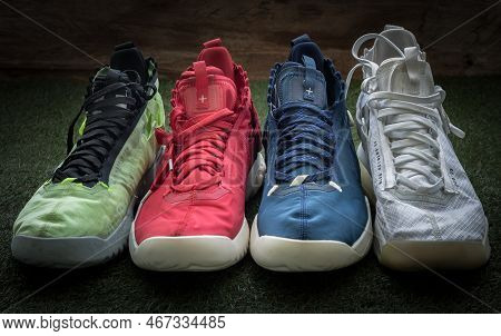 Bangkok, Thailand - Dec 17, 2022 - Detailed View Of Nike Air Jordan Series Basketball Shoes Collecti