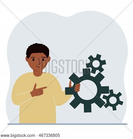 A Little Boy Holds Gears In His Hands. The Concept Of Searching For An Idea, Reflection Or Learning 