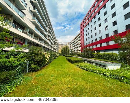 Geneva, Switzerland - September 15 2021: Two Big Apartment Buildings With Luxurious And Expensive Re