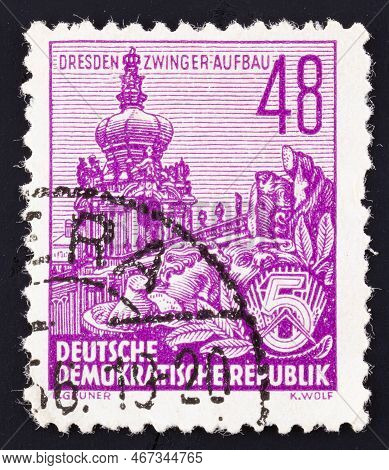 German Democratic Republic- Circa 1957: Postage Stamp 'dresden Zwinger Aufbau' Printed In East Germa