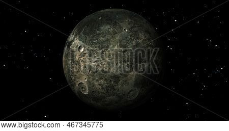 Fictional Planet Sun Rise In Dark Background With Stars. Front View Of Haumea Planet From Space. Ful