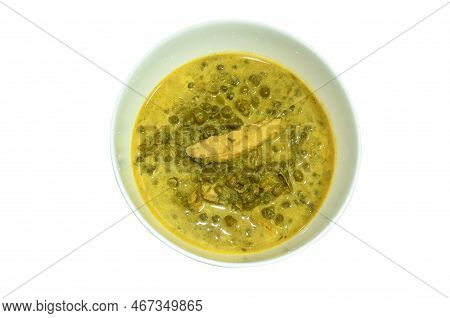 Boiled Cassia Tree Leaf Or Thai Copper Pod With Grilled Mackerel Fish In Coconut Milk And Curry Soup