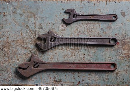 Rotterdam, Netherlands - 11-11-2022: Three Vintage Bahco Adjustable Spanners Flat Lay Top View