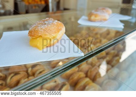 Bread With Cream, Known As Berlin Ball, Donut Without A Hole Or Bakery Dream. Typical Sweet Dob Rasi