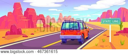 Car On A Highway In A Desert On A Road Trip In Summer. Landscape View On A Roadway Through A Canyon 