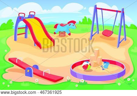 Playground In A Park In Summer With No Kids. Playing Equipment Outside Kindergarten Or School: Seesa