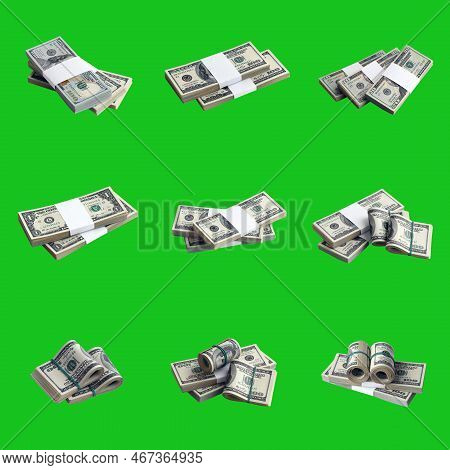 Big Set Of Bundles Of Us Dollar Bills Isolated On Chroma Key Green. Collage With Many Packs Of Ameri