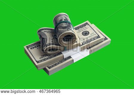 Bundle Of Us Dollar Bills Isolated On Chroma Keyer Green. Pack Of American Money With High Resolutio