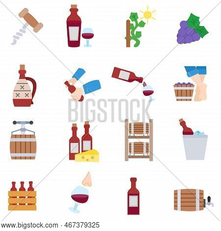 Wine Icons Set. Collection On Storing, Cooking, And Drinking Wine. Flat Design