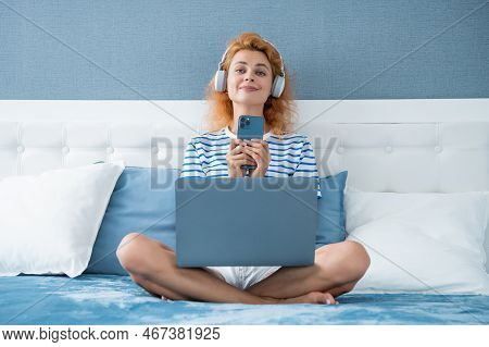 Cheerful Girl Has Education Online. Girl Estudy With Education Online At Home. Estudy Concept.