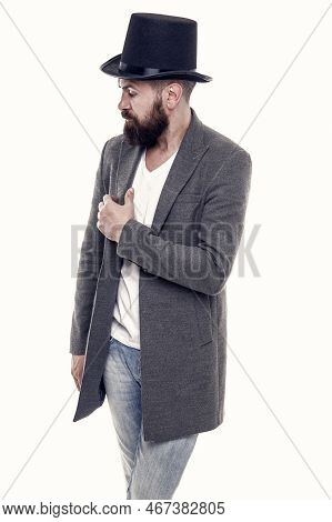 Time Traveller. Street Performance. Man Bearded Guy Magician. Magic Trick Performance Concept. Circu
