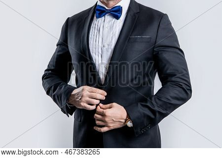 Cropped View Photo Of Man Wearing Tux. Man Wear Tux Formal Suit. Man In Tux Isolated On White