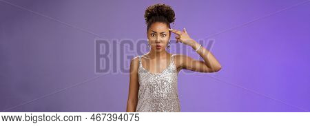 Freaked Out Bothered African-american Woman In Glittering Dress Make Finger-gun Wanna Pul Trigger An
