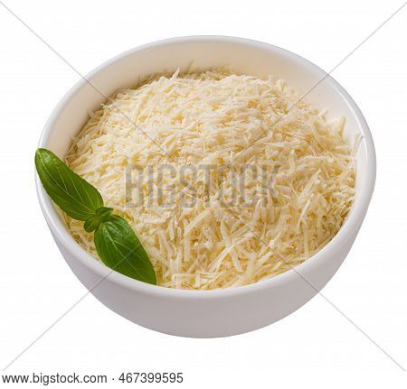 Bowl Of Shredded Parmesan Cutout. Grated Grana Padano Cheese In A White Bowl Isolated On A White Bac