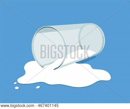 Vector Glass Of Milk With Spilled Milk Isolated On Blue Background. The Glass Is On Its Side. Flat D