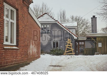 Unusual Wooden Christmas Tree On The Street In Denmark