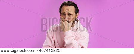 Shocked Upset Handsome Mature Bearded Man Hear Terrible News Griefing Suffer Sorrow Express Empathy 