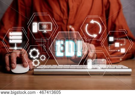 Edi-electronic Data Interchange Concept, Person Using Computer On Office Desk With Virtual Screen Ed