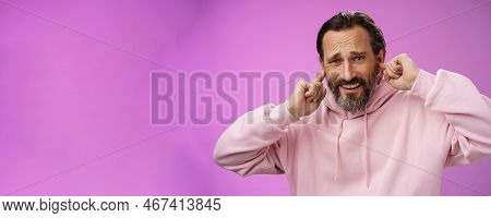 Displeased Annoyed Adult Bearded Man Feel Discomfort Distracted Loud Awful Noise Frowning Cringing H