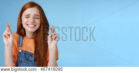 Sincere Hopeful Cute Redhead Girl Believe Miracle Close Eyes Faithfully Praying Cross Fingers Good L