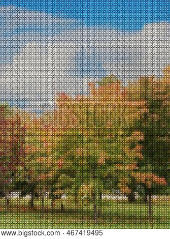 Illustrations. Cross-stitch. Park Landscape. Autumn Maple Grove. Travel And Vacation Concept.