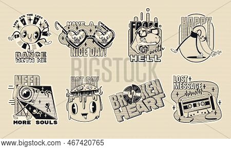 Abstract Retro Stickers In Y2k Style. Monochrome Icons With Psychedelic Smiling Faces, Dinosaur, Vin