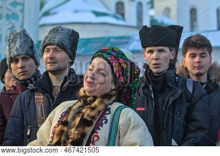Kyiv, Ukraine - December 25, 2021: St. Sophia Cathedral. Participants Traditional Christmas Of Verte