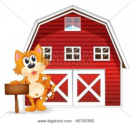 Illustration af en ung tiger holding Tom skiltning nær barnhouse på en hvid baggrund