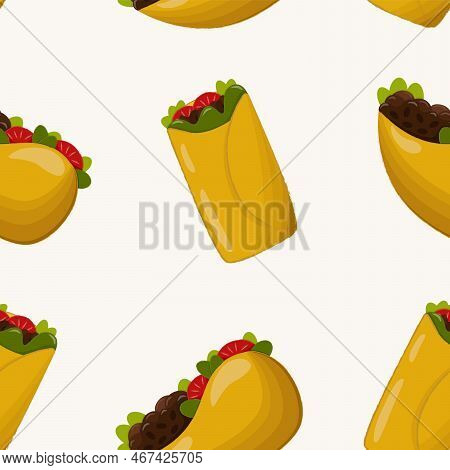 Seamless Pattern With Tacos And Burritos - Latin American Food On Light Background.