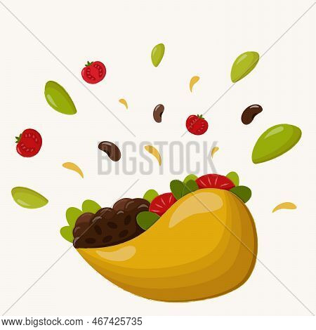 Taco With Meat, Beans And Vegetabels On Light Background - Latin American Food.