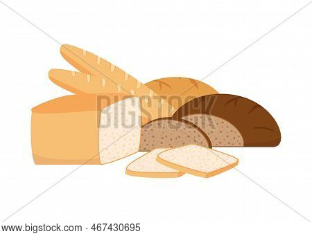 Pastry Bread From Wheat, Whole Grain And Rye, Bakery Food Set. White Loaf, Brown Bread, Toast Bread,