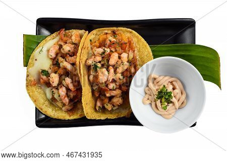 La Viga Tacos With Shrimps And Mexican Sauces