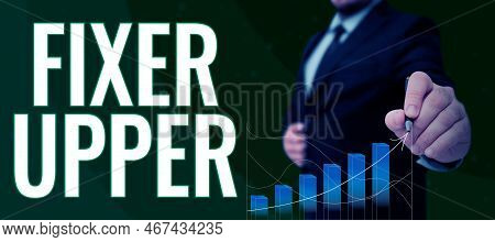 Sign Displaying Fixer Upper. Business Overview House In Need Of Repairs Used Chiefly Connection With