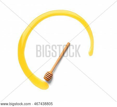 Honey Dipper With Honey In Circle Form. Honey Was Poured On White Background With Copy Space. Design