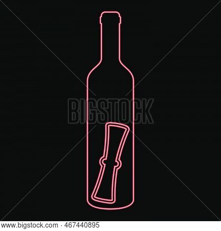 Neon Bottle With Letter Message Concept Folded Scroll Document In Old Container Red Color Vector Ill