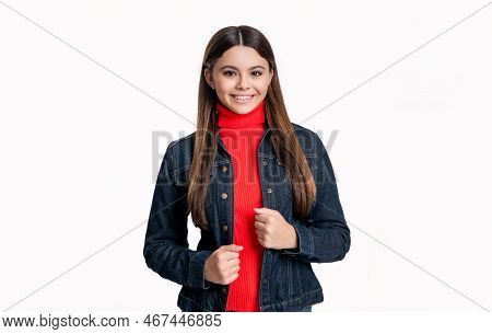 Photo Portrait Of Teen Girl Having Brunette Hair. Teen Girl Portrait In Jeans Jacket. Teen Girl Port