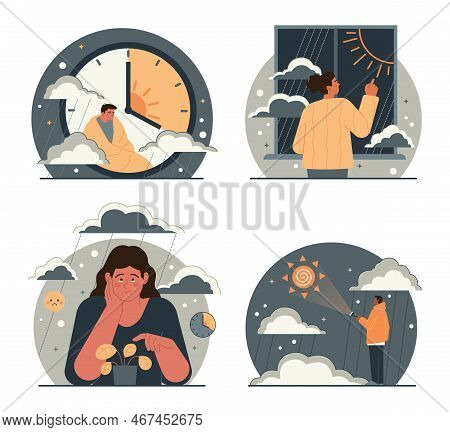 Seasonal Affective Disorder Set. Lack Of Sunshine And Short Daylight