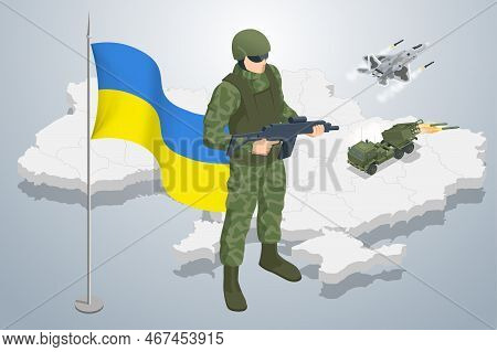 Isometric Ukrainian Soldier On The Background Of The Map Of Ukraine And The National Frag. Special F