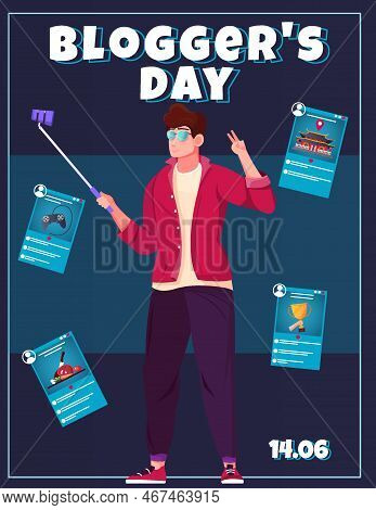 Bloggers Day Flat Card With Young Guy Leading Online Report Using Smartphone And Selfie Stick Vector