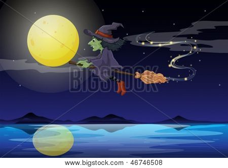 Illustration d'une sorcière à cheval sur un balai dans un décor clair de lune